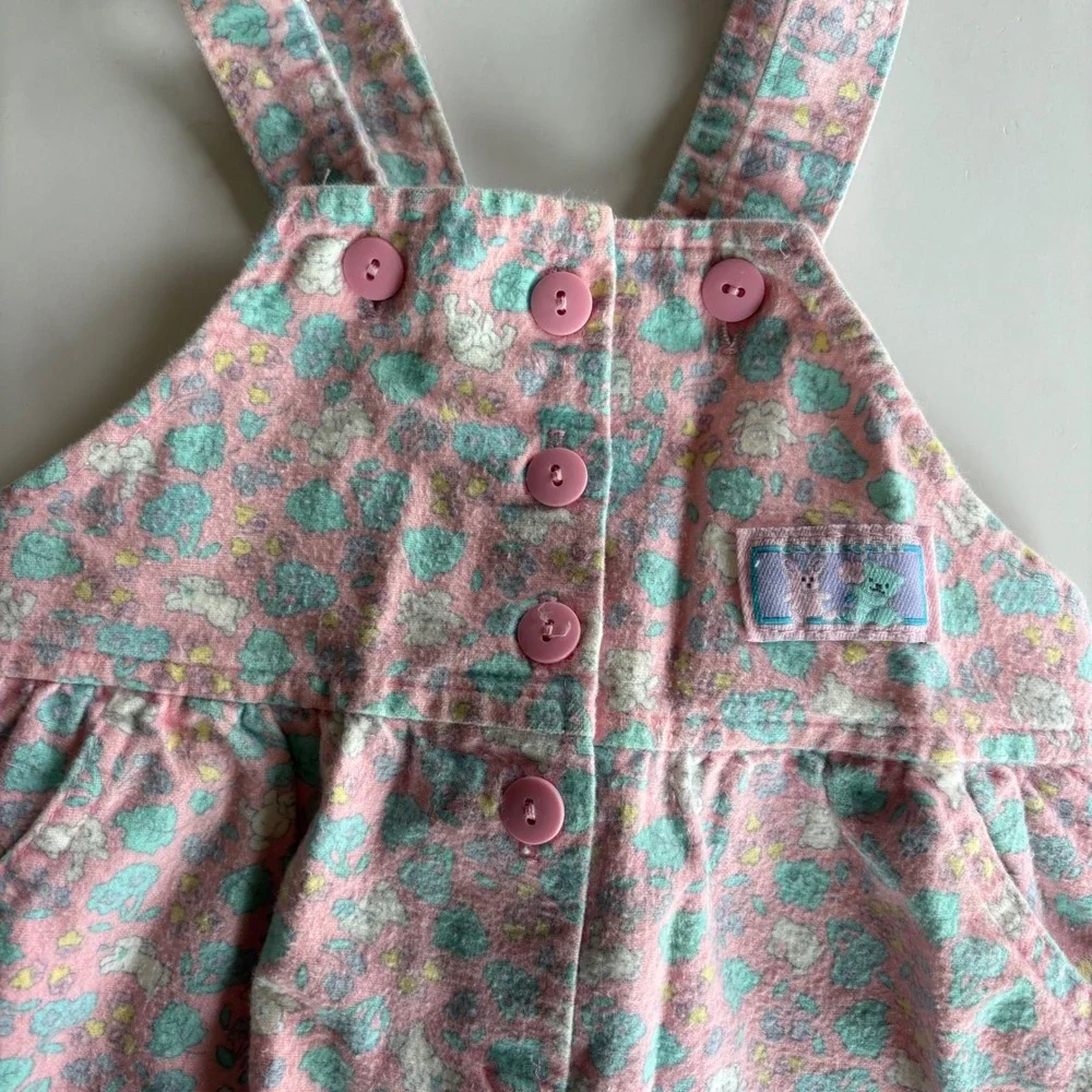Vintage OshKosh Bgosh Pink Floral Bear Bunny Flannel Overalls 24M Made in USA